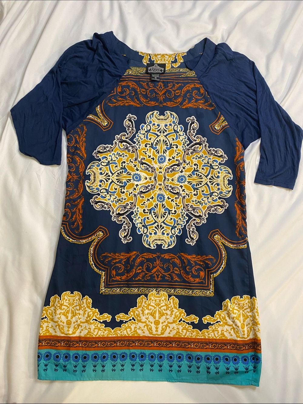 Angie Navy Tunic with Yellow & Teal Ornate Medallion